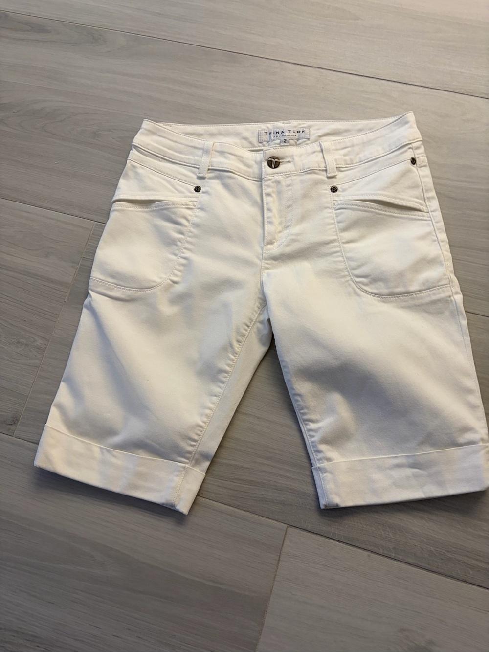 Trina Turk White Bermuda Shorts with Front Patch Pockets